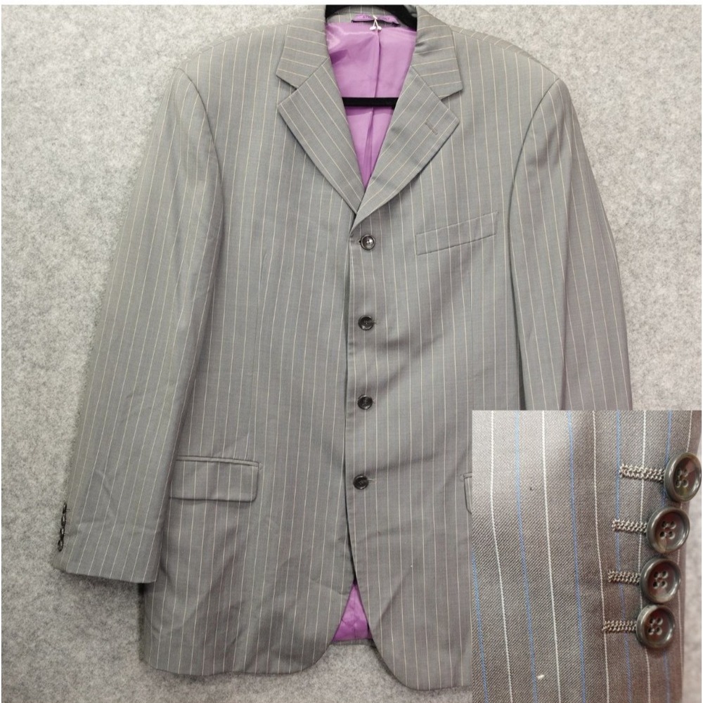 Italian Super 120s Rope Stripe Blazer Mens‎ 44L Gray Jacket EARVIN MAGIC JOHNSON